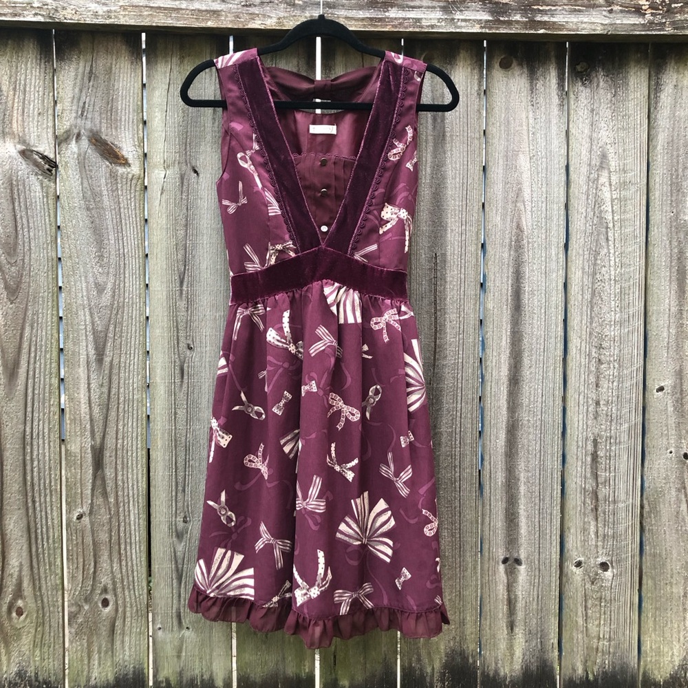 Axes Femme Bow Print Babydoll Dress Velvet Trim Tie Back Burgundy Dolls Kill